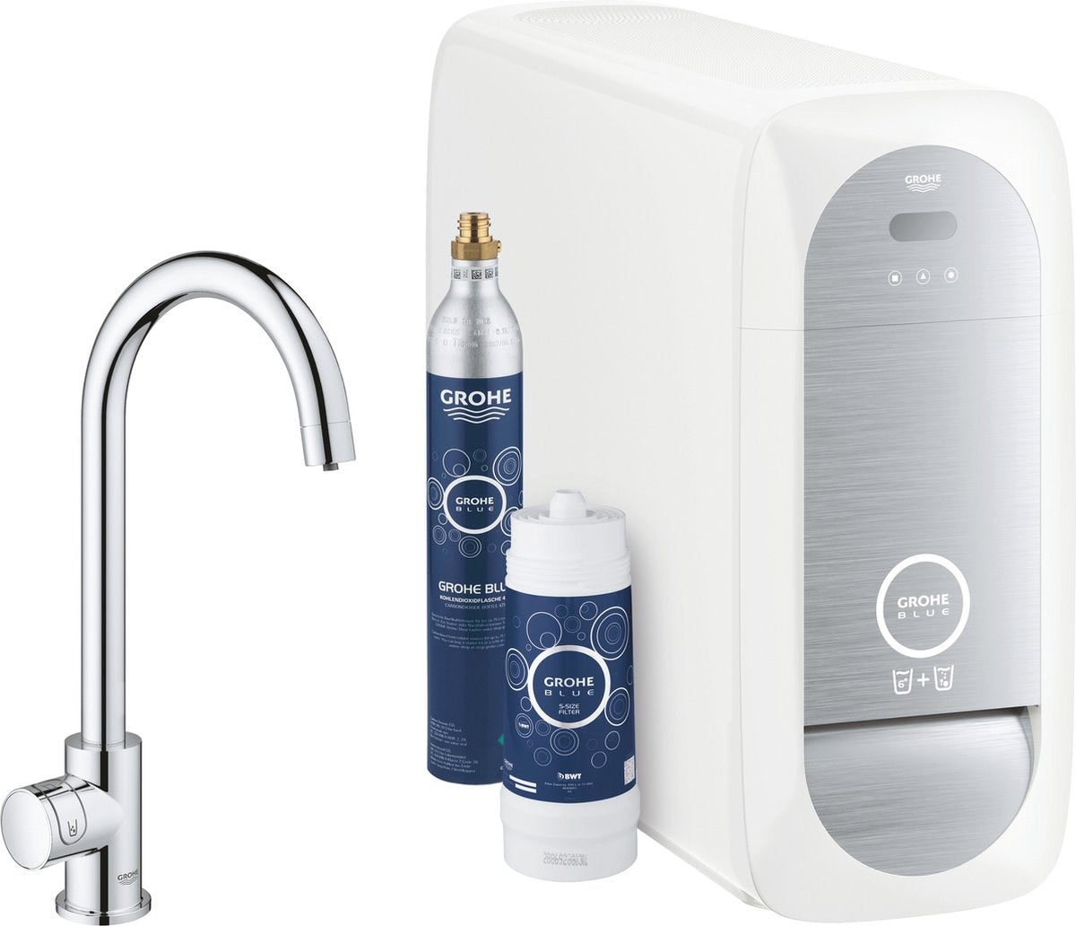 Rubinetto cucina Grohe blue home mono - con Bluetooth e WiFi - starter kit - bocca a c - cromato - per acqua purificata, refrigerata e frizzante
