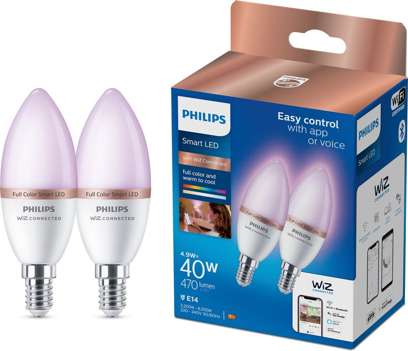 Philips iluminación philips iluminación inteligente - lámpara de vela paquete de 2 - iluminación LED inteligente - luz blanca y coloreada - e14 - 40w - mate - wi-fi