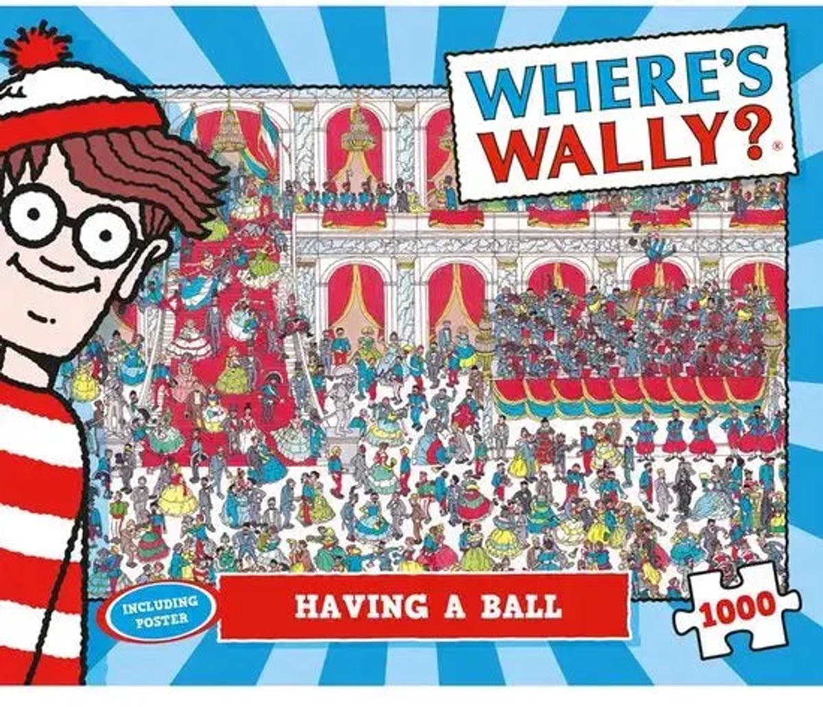 Muchos regalos, ¿dónde está Wally teniendo una pelota? Puzzle de 1000 piezas.