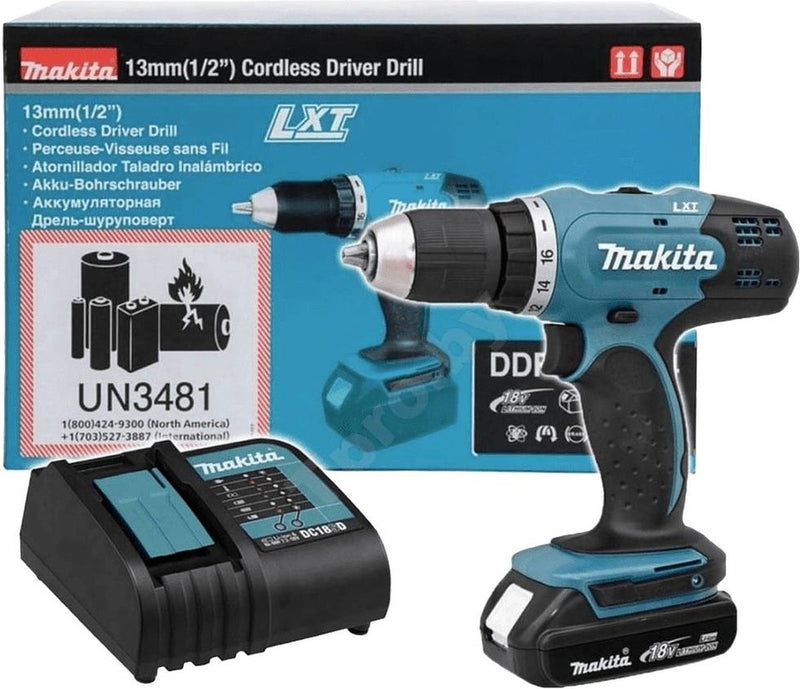 Herramientas Makita: taladro destornillador inalámbrico de 18 V, 1 batería de iones de litio de 1,5 Ah, cargador ddf453syx5