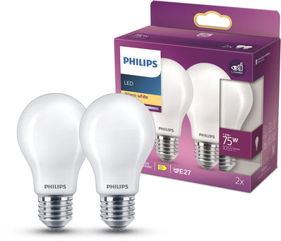 Philips LED lamp - standard lamp shape with E27 fitting - warm white light: 2700k - 75w - frosted glass - 2-pack