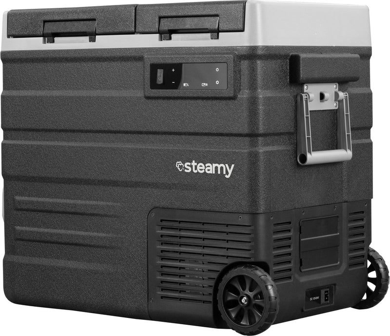 Frigo portatile con compressore elettrico a rulli Steamy-e dual zone su ruote - dual zone - 57 litri - 12v e 230v - per auto e campeggio - nero