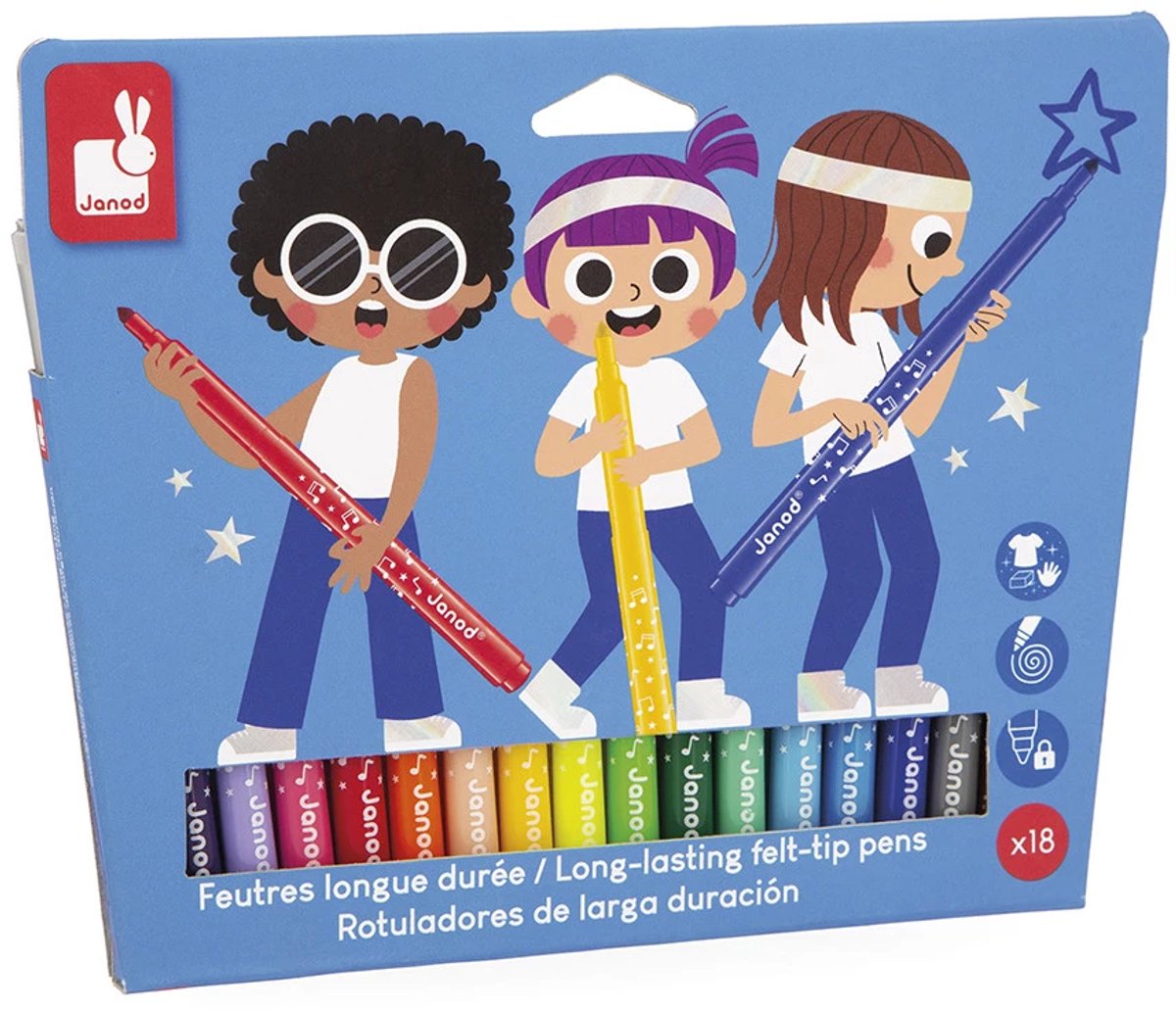 Janod - colo - pennarelli a lunga durata - set con 18 colori diversi