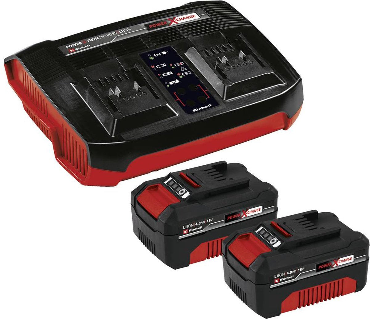 Starter kit Einhell 18 v 4.0 ah power x-change - 2 batterie da 4.0 ah e caricabatterie duo - universale per tutte le macchine power x-change
