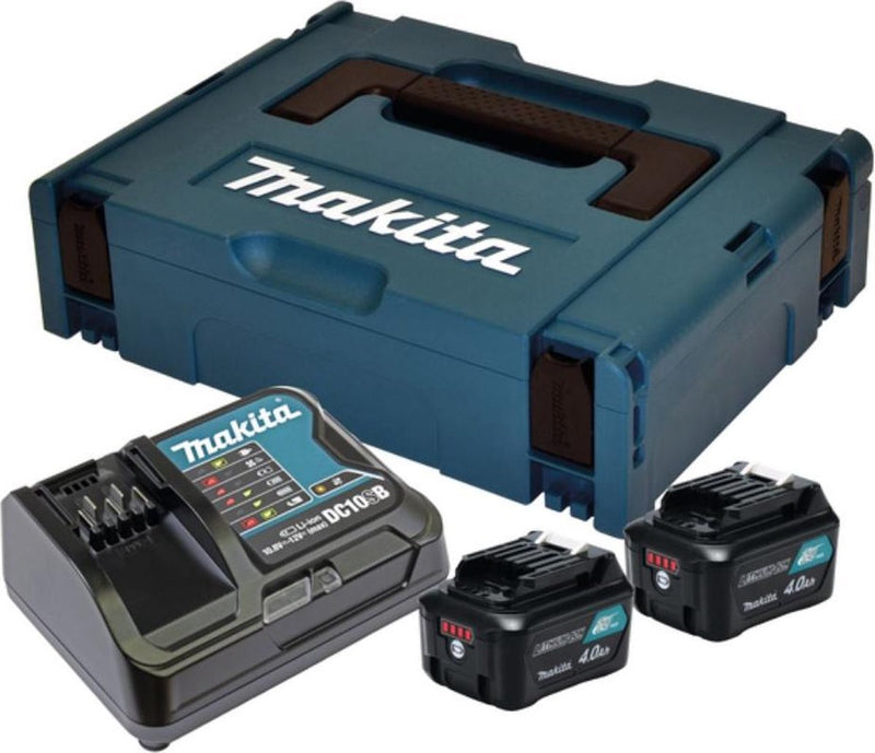 Kit de fuente de alimentación de accesorios Makita: cargador dc10sb + 2 baterías deslizantes de iones de litio bl1041b 12v max (10,8v) - 4,0ah - 197641-2