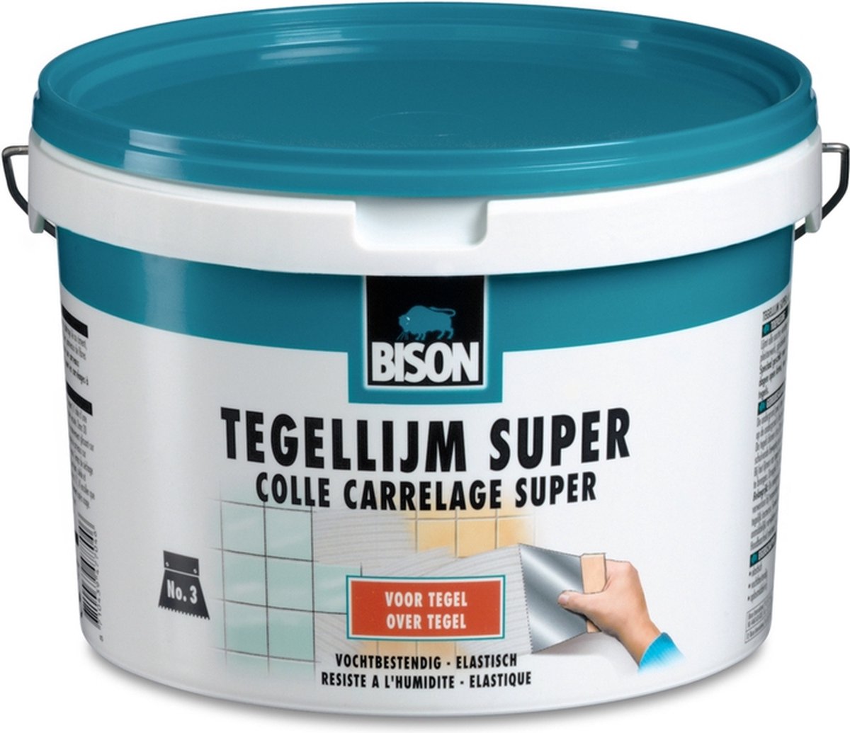 Adhesivo para baldosas Bison súper cubo 3 kg, para todo tipo de baldosas, resistente a la humedad, fácil de trabajar, sin disolventes