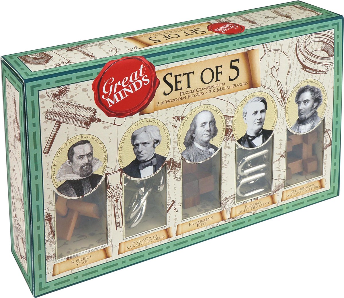 Juego de rompecabezas Professor Puzzle Asmodee: grandes mentes, rompecabezas de 5 piezas de madera y metal.
