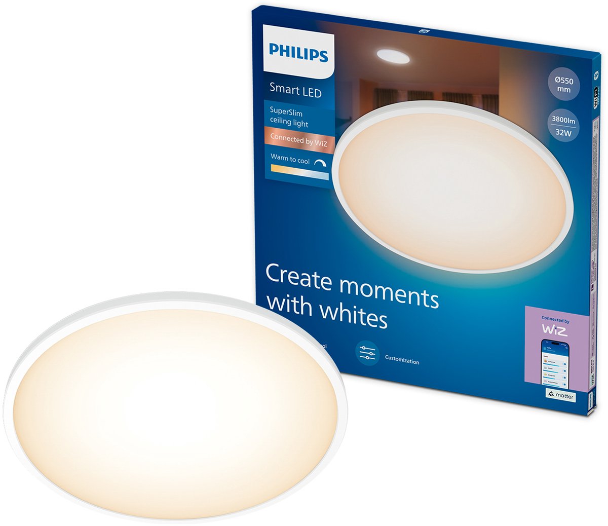 Philips smart lighting - superslim plafondlamp - warm- tot koelwit licht - dimbaar - diameter: 55cm - wit - 32w - rond - werkt met de wiz app - wifi