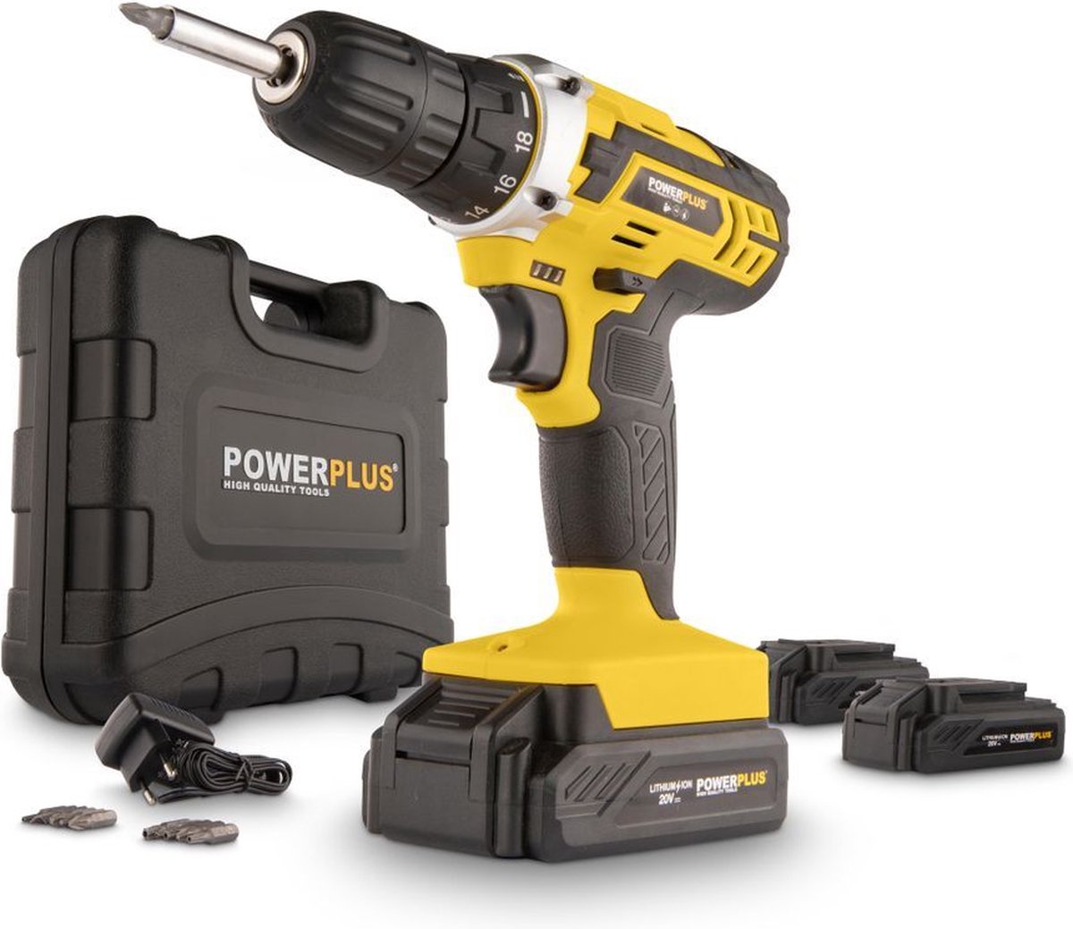 Trapano avvitatore a batteria Powerplus powx00501 - Trapano a batteria da 20 V per legno e metallo - incl. batteria, caricabatterie e punte