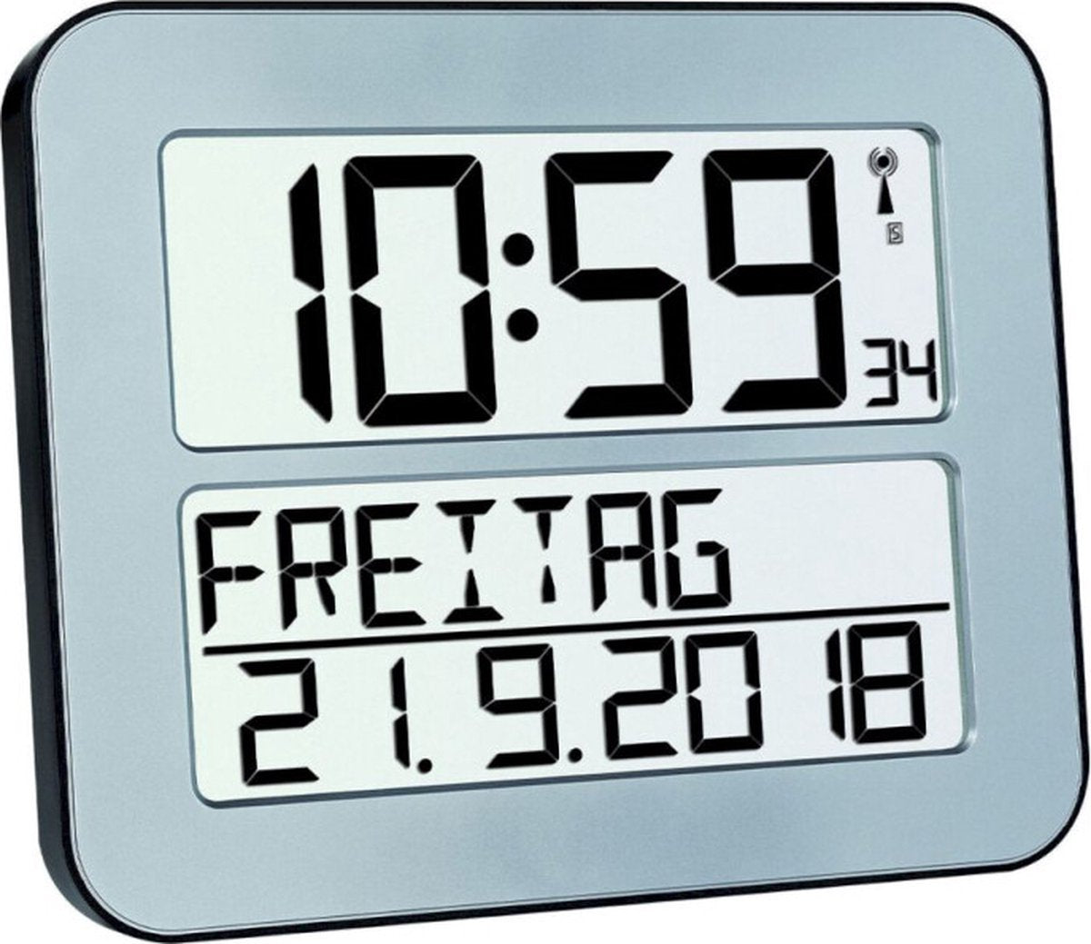 Tfa dostmann 60.4512.54 - reloj - digital - radiocontrolado - 7 idiomas - segunda hora - alarma - repetición - LCD - color plateado