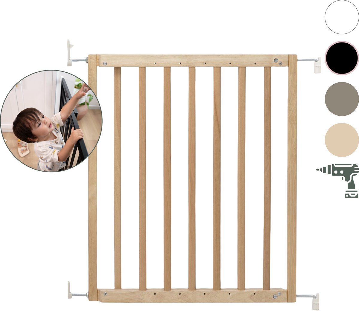 Puerta de escalera Geuther - puerta de seguridad maya - puerta de escalera extensible de madera - puerta de tornillo con taladros - puerta de seguridad con montaje en pared - eco - de 63,5 a 105,5 cm