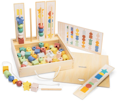 Woet ® Juego de secuencia de cuentas de madera - Juego de clasificar y ensartar con tarjetas de tareas en caja de almacenamiento - Juguetes educativos Montessori - FSC - a partir de 3 años