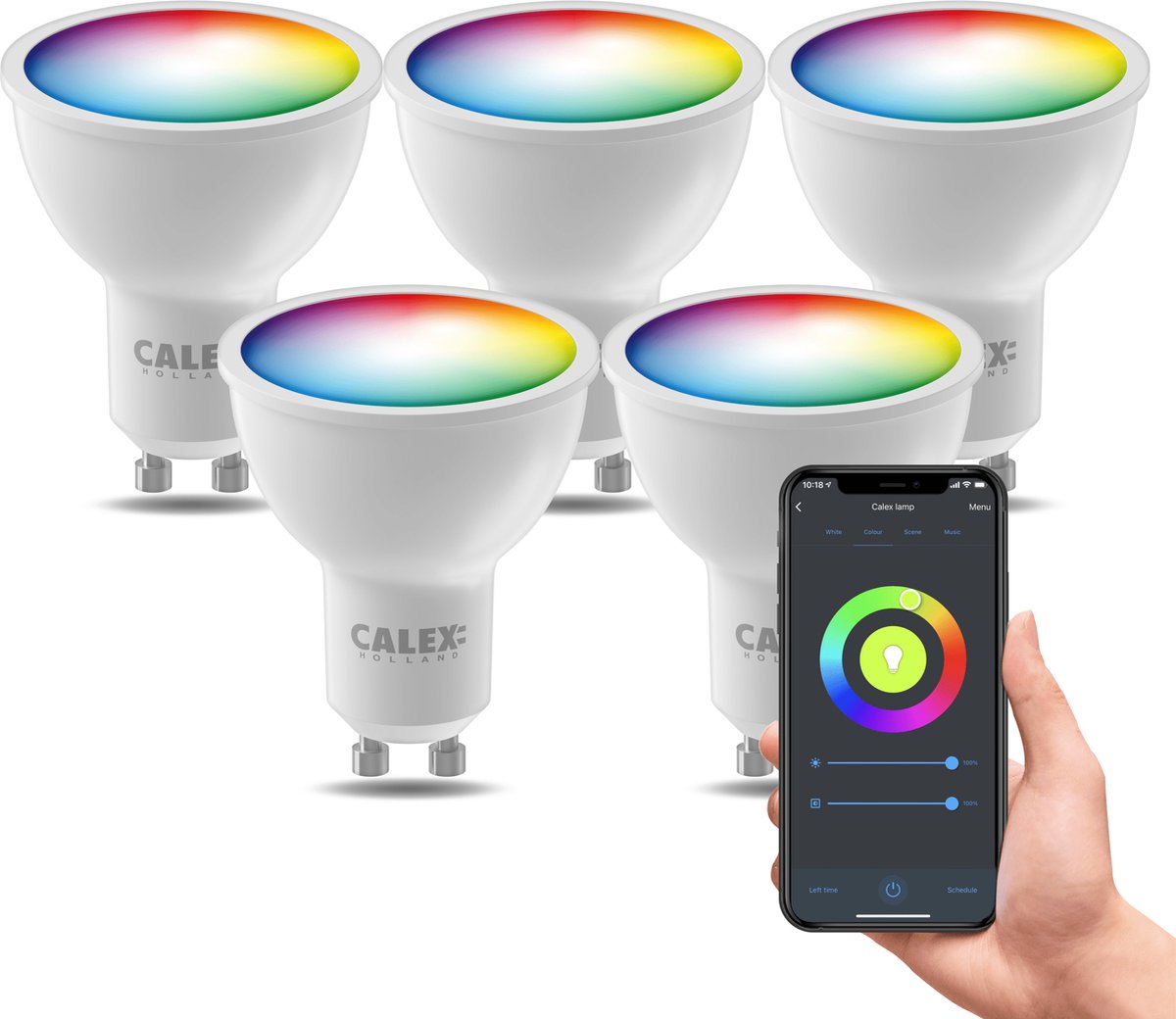 Calex slimme lamp - kleurlamp set van 5 stuks - wifi led verlichting - gu10 - smart lamp - dimbaar - rgb en warm wit - 4.9w