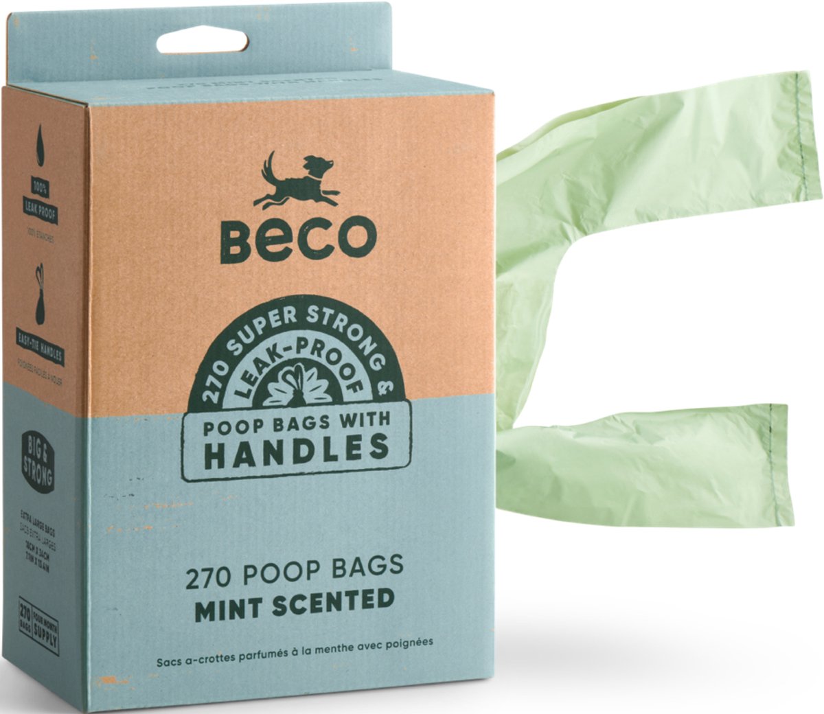 Bolsas sostenibles para caca de perro Beco hechas de plástico reciclado con aroma a menta y asa - 270 bolsas