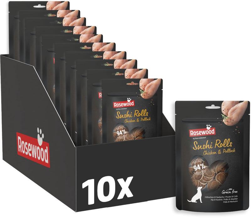 Rollitos de sushi de palisandro con pollo y abadejo - snack para perros - snack suave y reconfortante con pollo y pescado - sin cereales - sin aditivos artificiales - 10 bolsas de 100 g