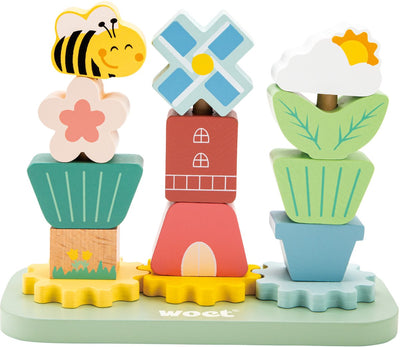 Woet ® Juego de jardín apilable de madera – Torre apilable con flores y engranajes – Juguetes educativos certificados FSC – Juguetes apilables a partir de 1 año