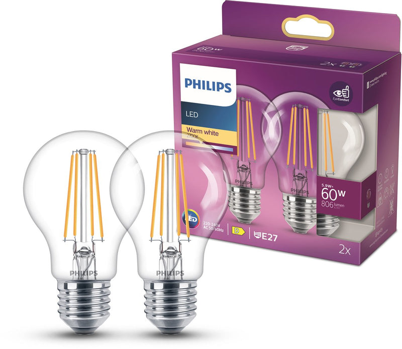 Philips led lamp - standaard lampvorm met e27 fitting - warmwit licht: 2700k - 60w - helder glas - 2-pack