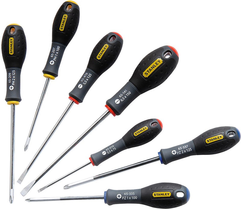 Juego de destornilladores Stanley fatmax de 7 piezas paralelos 3,5 x 75 mm. 5,5 x 125 mm estándar 6,5 x 150 mm phillips ph1 x 100 mm. ph2 x 125mm pozidriv pz1 x 100mm. pz2 x 125mm