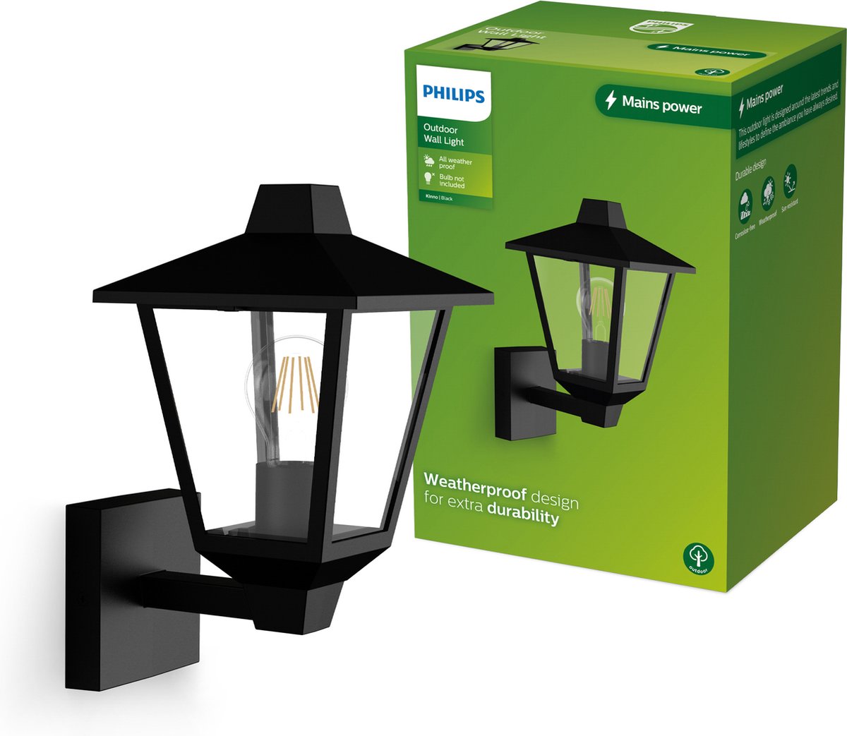 Lampada da parete Philips LED Philips Kinno - lampada da esterno - nera - attacco E27 - massimo 25W - resistente alle intemperie; ip44 - lampada da parete da terra