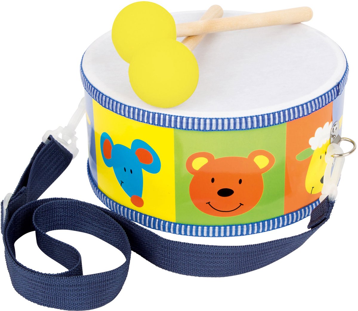 Animales de tambor de madera de pie pequeño con palos, 3dlg.