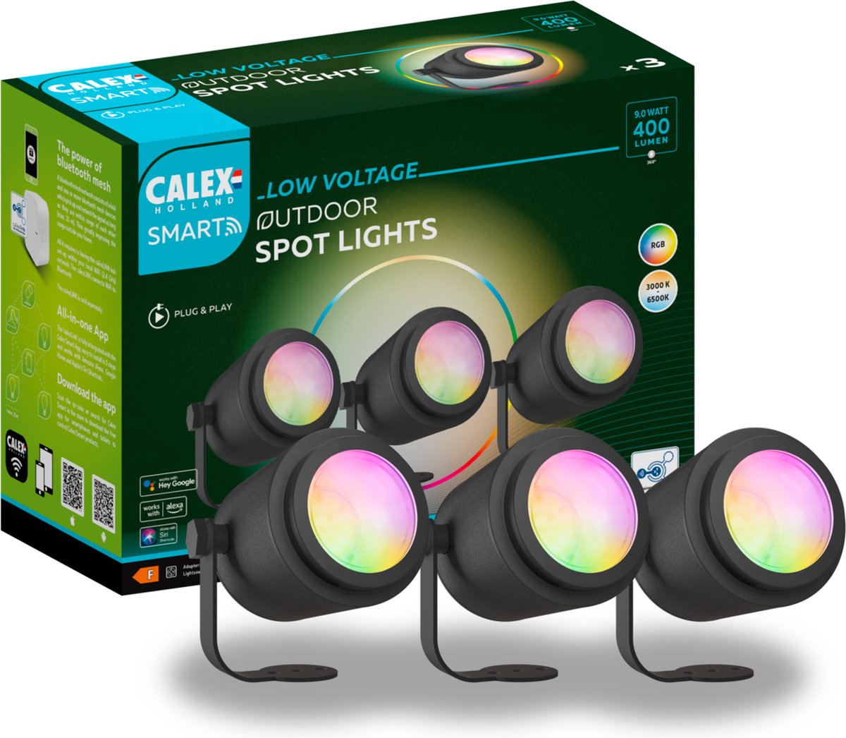 Calex illuminazione intelligente da giardino 24v per esterni - set di 3 faretti intelligenti da terra - RGB e luce bianca calda - nero