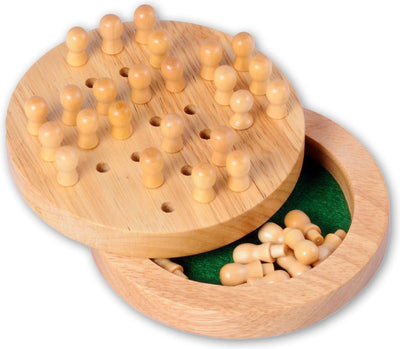 Engelhart solitario mini – legno di gomma – con coperchio – dimensioni da viaggio ø 12 cm – gioco da tavolo solitario in legno – gioco di pensiero compatto da portare in viaggio –