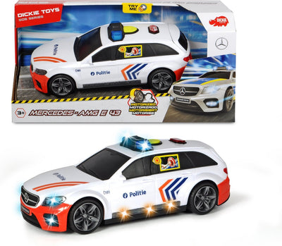 Dickie Toys Mercedes-AMG E43 SOS Coche de policía belga - 30 cm - Sonido ligero - Vehículo de juguete
