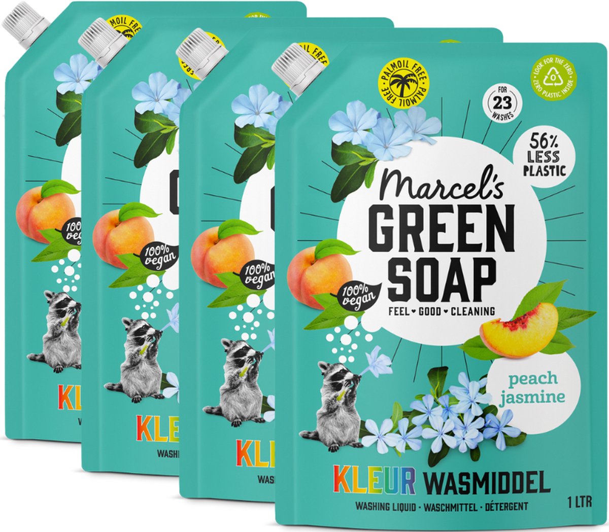 Marcel's green soap kleur wasmiddel navulling - perzik jasmijn - 4 x 1l - 92 wasbeurten