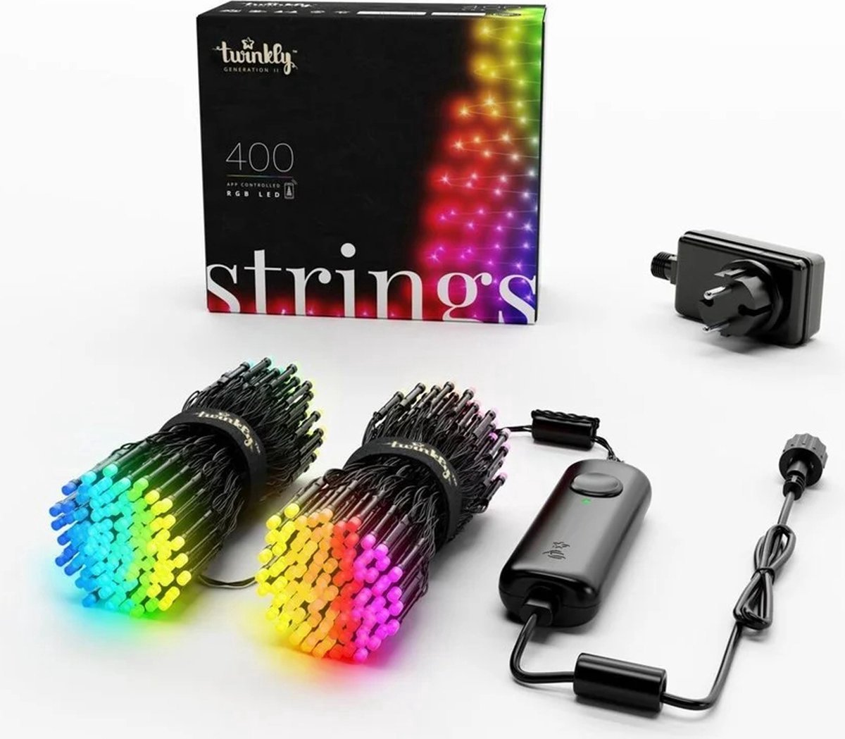 Cable de luz Twinkly Strings - 32m - LED - 400LED RGB - regulable - interior exterior - Bluetooth o WiFi - funciona con Homekit, Homey, Google Home y Razer Chroma - negro