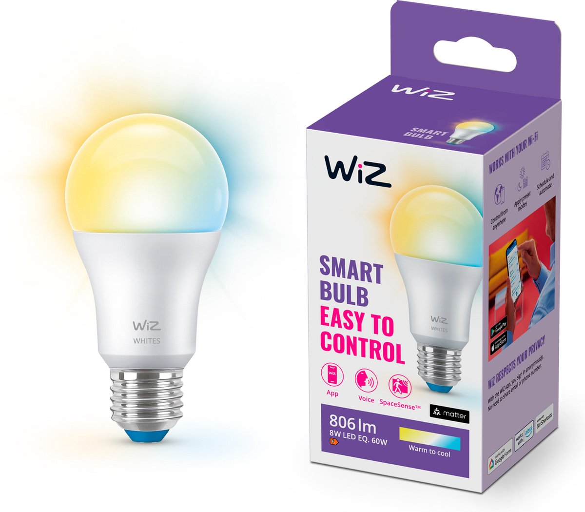 Wiz lamp - warm- tot koelwit licht - slimme led verlichting - e27 fitting - 60w - mat - wi-fi