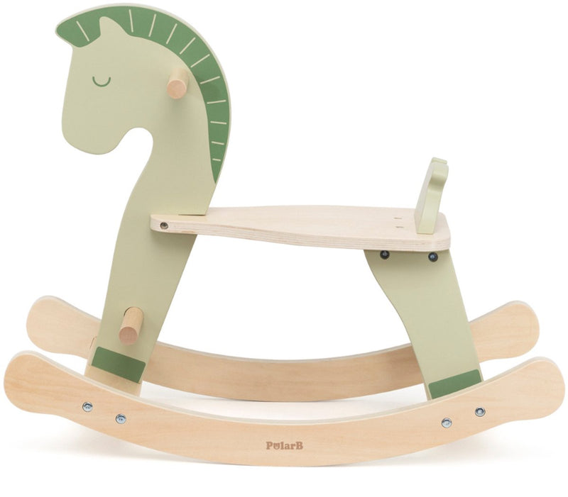 Caballito balancín de madera Polarb – con respaldo, asas y reposapiés – verde