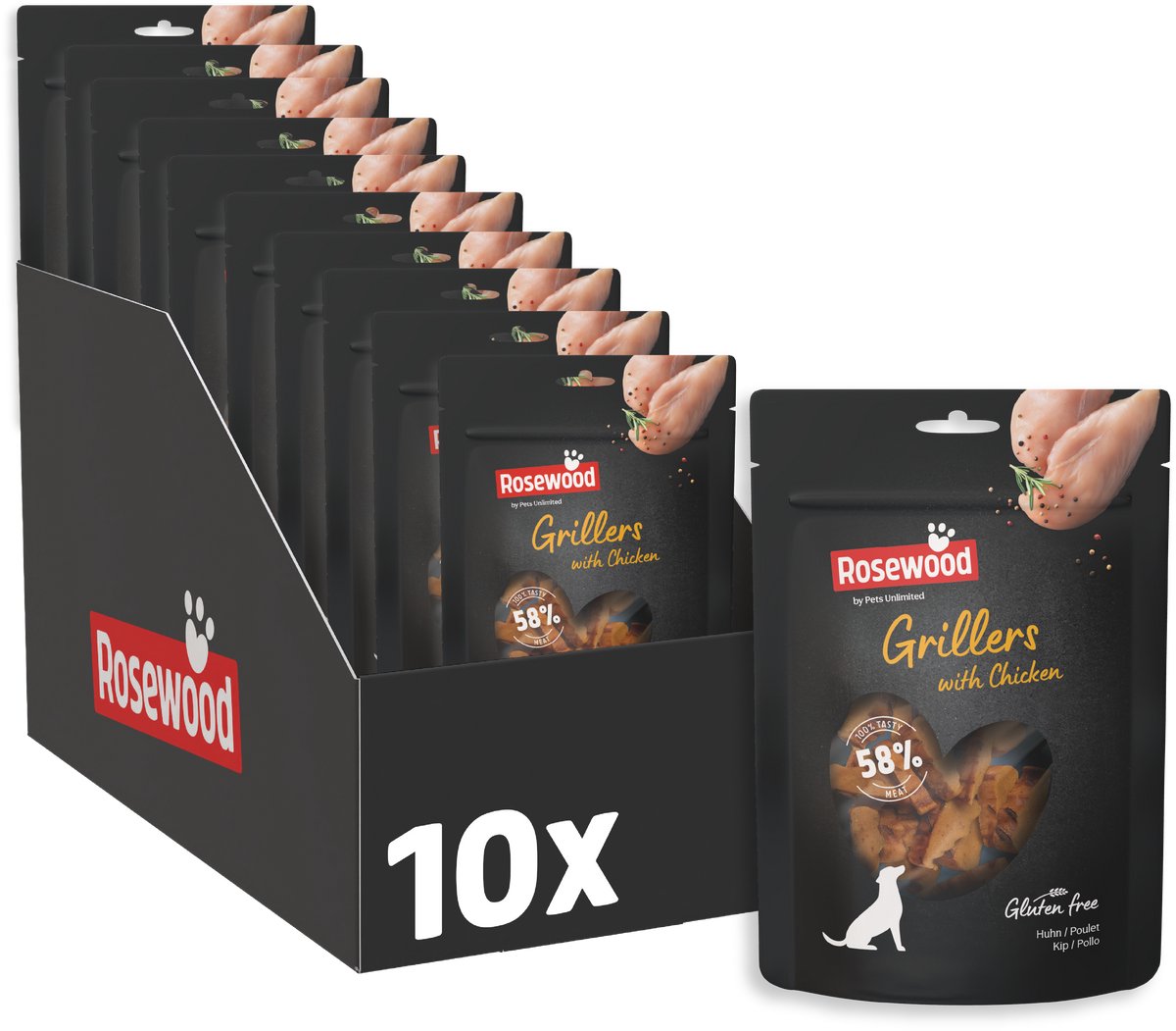 Pollo Rosewood Grillers – snack suave para perros con 58% de pollo – con ingredientes naturales – sin aditivos artificiales – 10 x 100 g