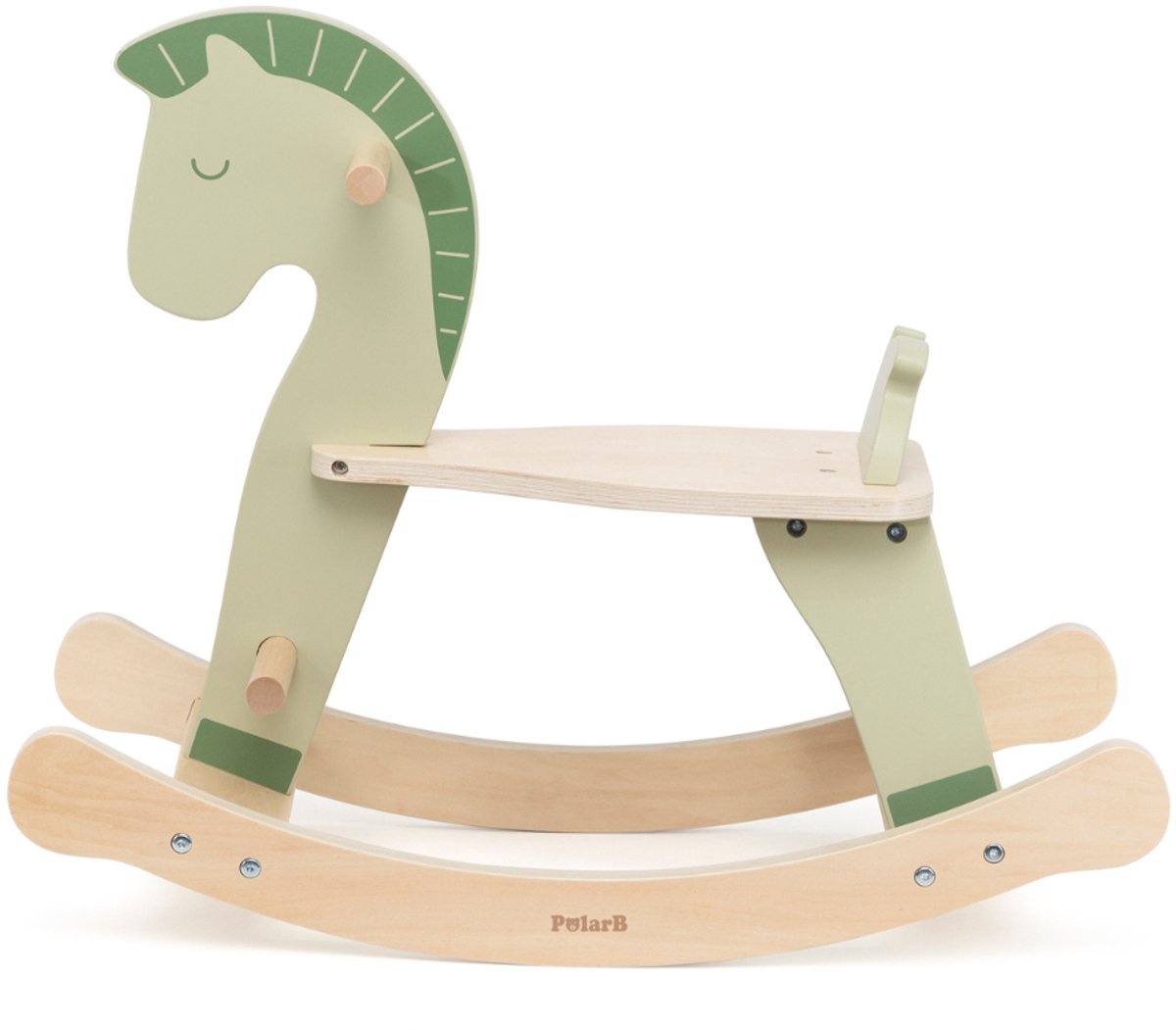 Caballito balancín de madera Polarb – con respaldo, asas y reposapiés – verde