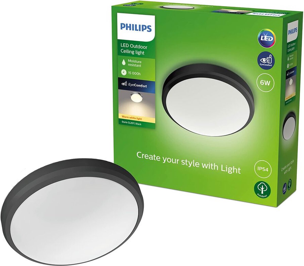 Philips LED Doris Soffitto 6W 27K Nero IP54 HV