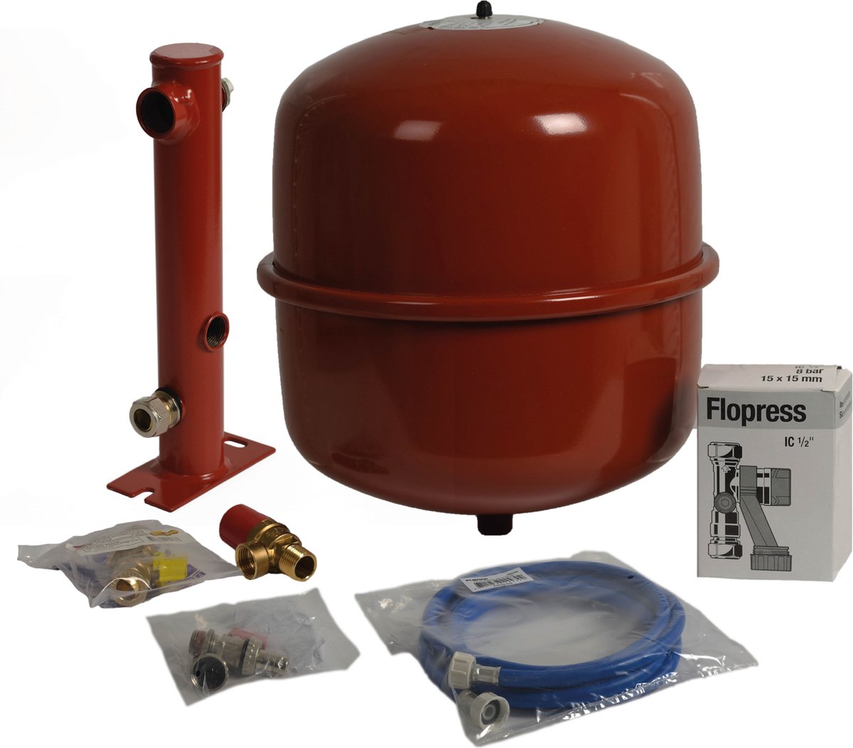 Set collegamento caldaia Plieger - set vaso di espansione - 4 fori - prepressione 1,0 bar - 18 litri - rosso