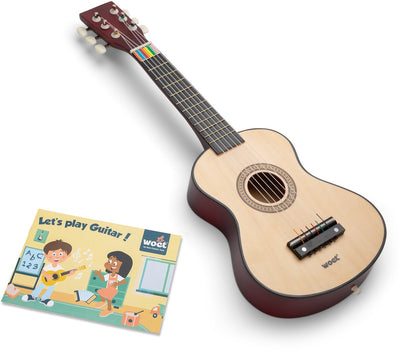 Woet ® Guitarra de juguete de madera con correa de transporte - Natural - Instrumento de juguete - Mi primera guitarra con libro de partituras - Tocar la guitarra para niños - A partir de 3 años