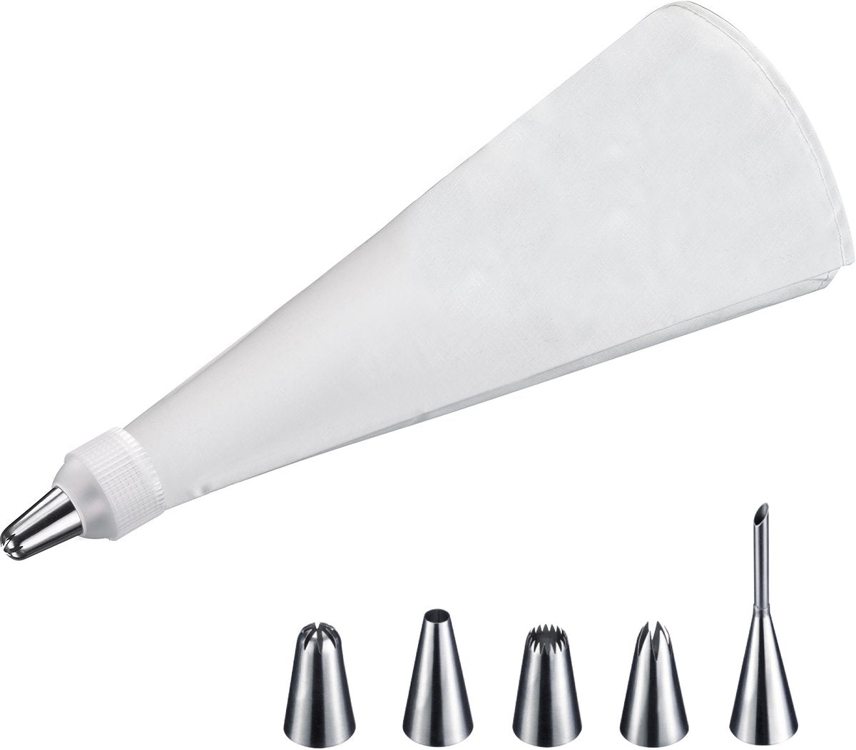 Jeringuilla decorativa Westmark, juego de guarnición con manga pastelera, con pieza intermedia y 5 boquillas, 7 piezas, largo: aprox. 40 cm, acero inoxidable revestido de algodón, mango maxi, plata blanca, 30992260