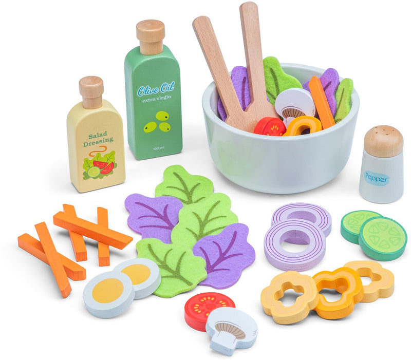 Set da insalata in legno Woet ® - crea il tuo set da gioco per insalata con oltre 30 accessori - cibo giocattolo per giochi di ruolo - giocattoli educativi da cucina - da 3 anni