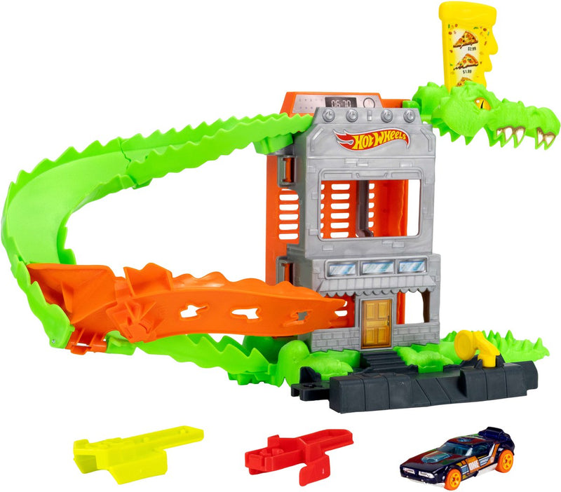 Hot Wheels City Crocodile Pizza Attack - set da gioco e macchinina - adatto per il sistema di binari a clic rapido