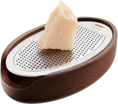 Grattugia per parmigiano Gefu parmezo con vassoio di raccolta - grattugia in acciaio inossidabile con aspetto legno di acacia