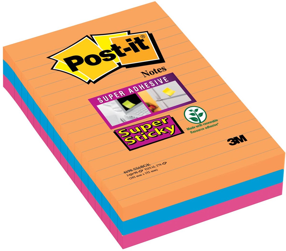 Post-it super adesivo 101x152mm arancione blu magenta