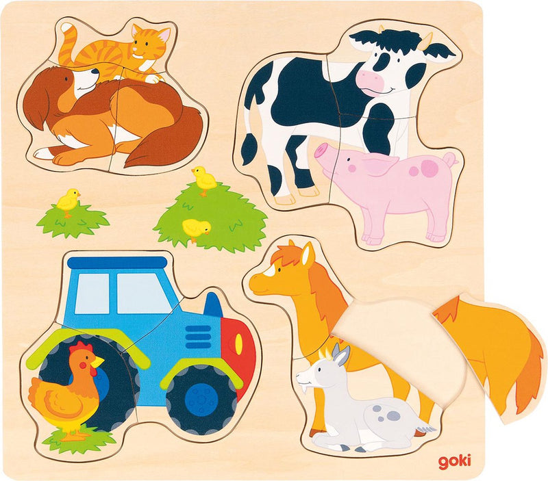 Puzzle a inserti Goki - animali della fattoria - 12 parti - legno - 2 anni