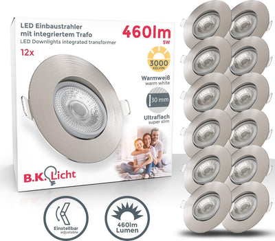 B.K. light - LED recessed spotlights - 12 pieces - tiltable spotlights - round - ø9cm - warm white light 3,000k - 460lm - 5w - nickel