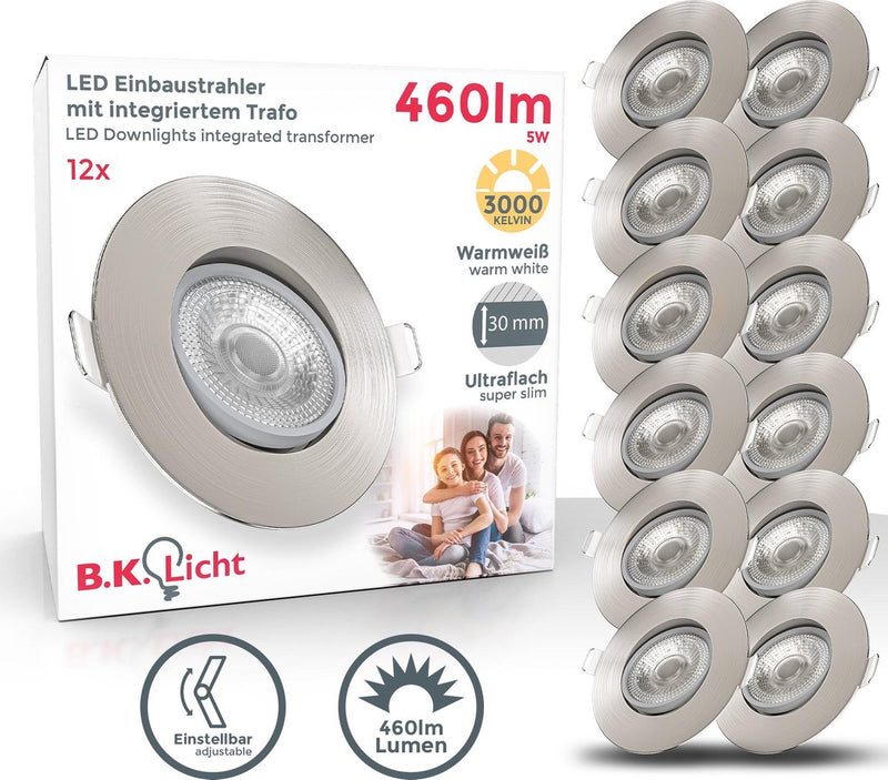 B.K. luce - Faretti da incasso a LED - 12 pezzi - faretti orientabili - tondo - ø9cm - luce bianca calda 3.000k - 460lm - 5w - nichel