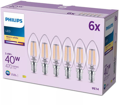 Philips filament candle lamp clear 40w b35 e14 x6