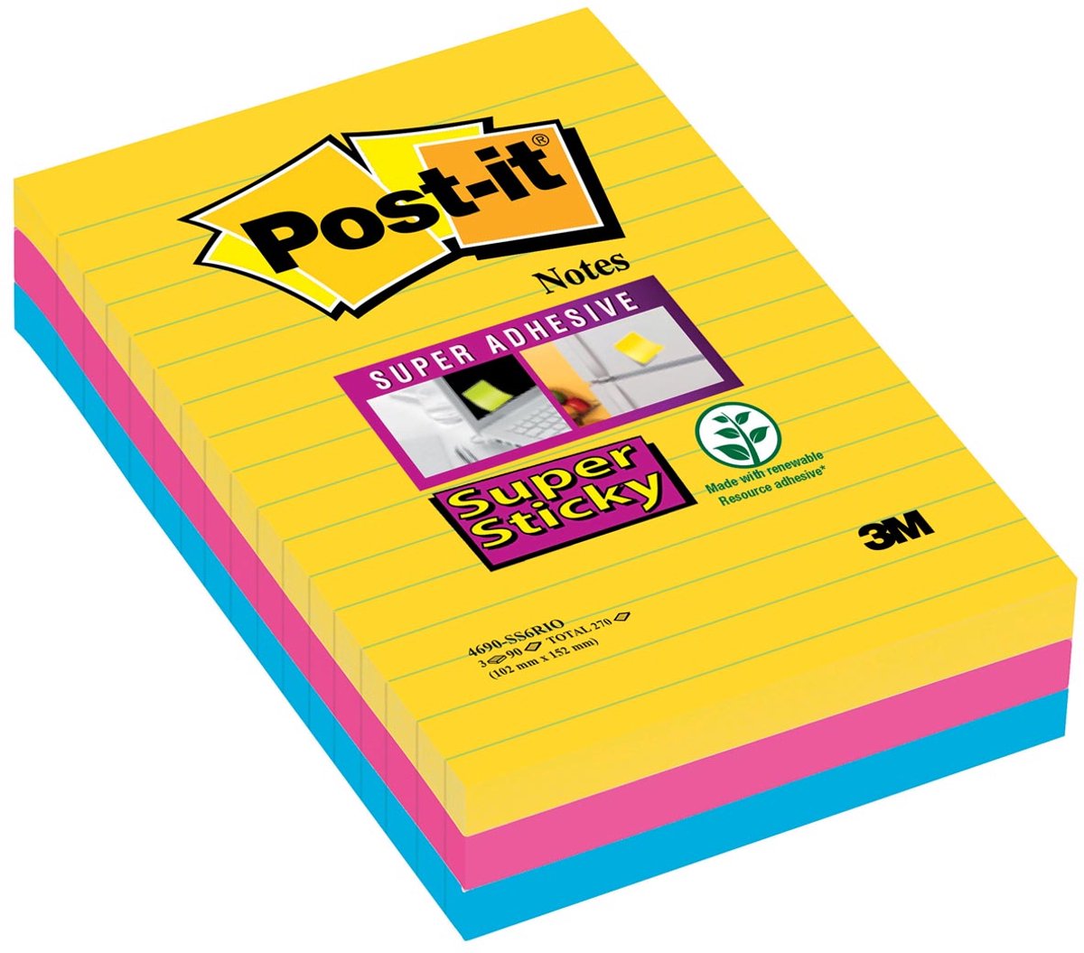 Post-it super adesivo 101x152 mm giallo blu rosa