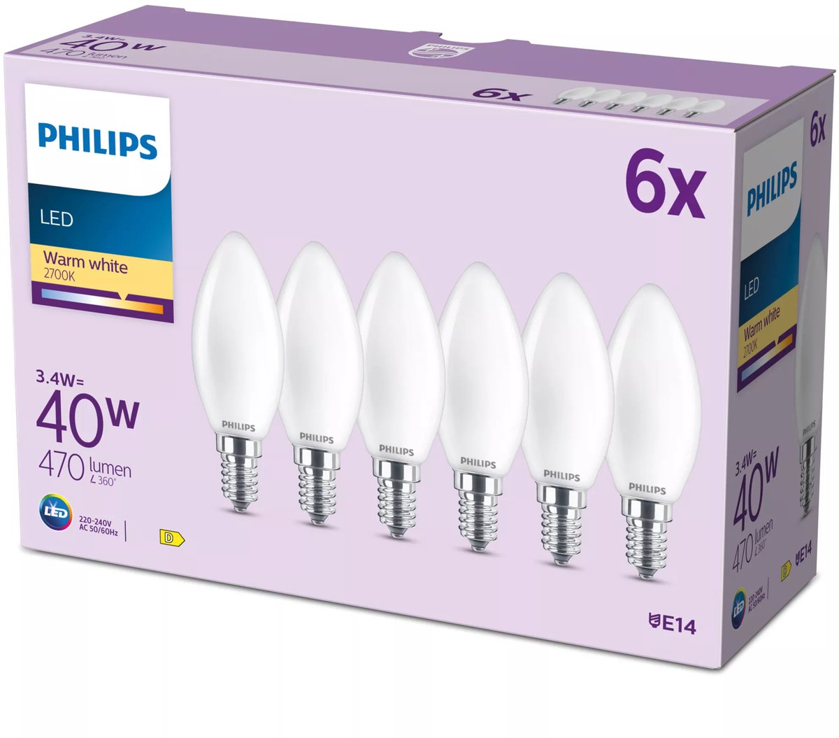 Philips lampara vela incandescente mate 40w b35 e14 x6