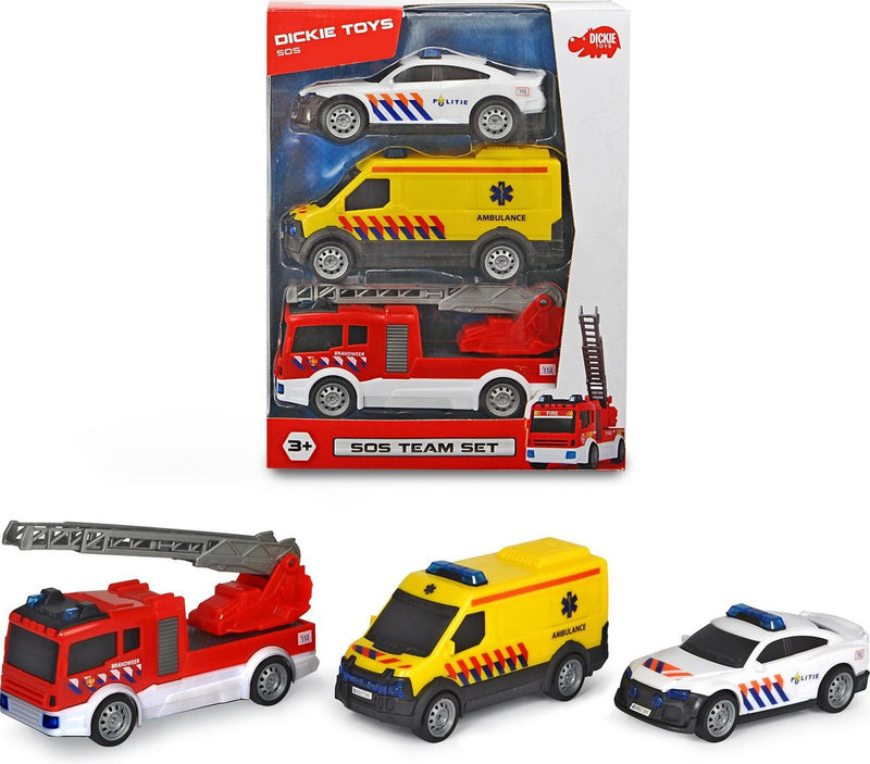 Dickie Toys Sos Team Set Servizi di soccorso olandesi - Polizia - Vigili del fuoco - Ambulanza - da 3 anni - Veicolo giocattolo