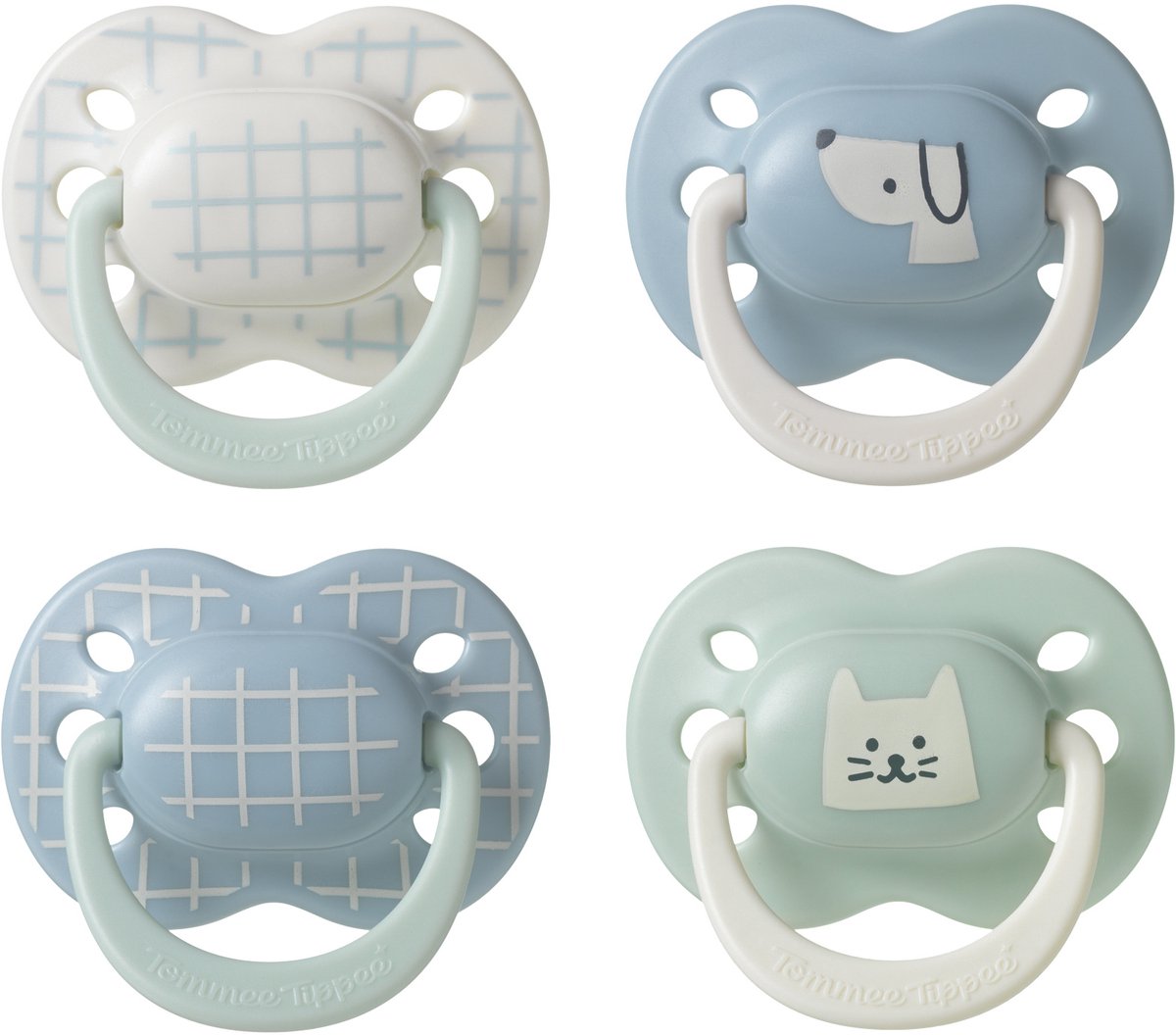 Ciuccio Tommee Tippee Ultimate Fit - 0-6 mesi - 4 pezzi - ciuccio ortodontico simmetrico per neonati - 100% silicone senza BPA - decorazione blu