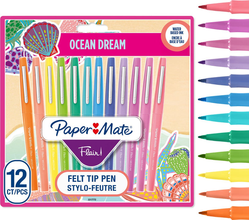 Paper mate flair viltstiften | markers met een gemiddelde punt (0,7 mm) | assorti oceaan droom kleurstiften | voor kinderen volwassenen kleuren, dagboeken meer | 12 stuks